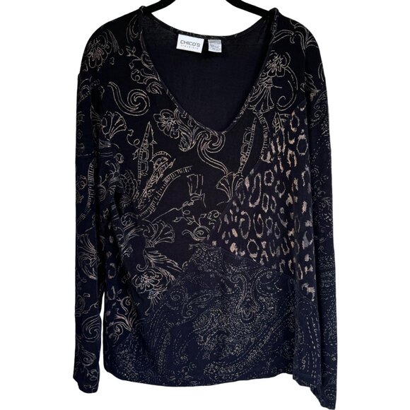 Chico's Travelers Slinky Top 3 (US XL) Black Long Sleeve Printed V-Neck  Acetate - Picture 8 of 8